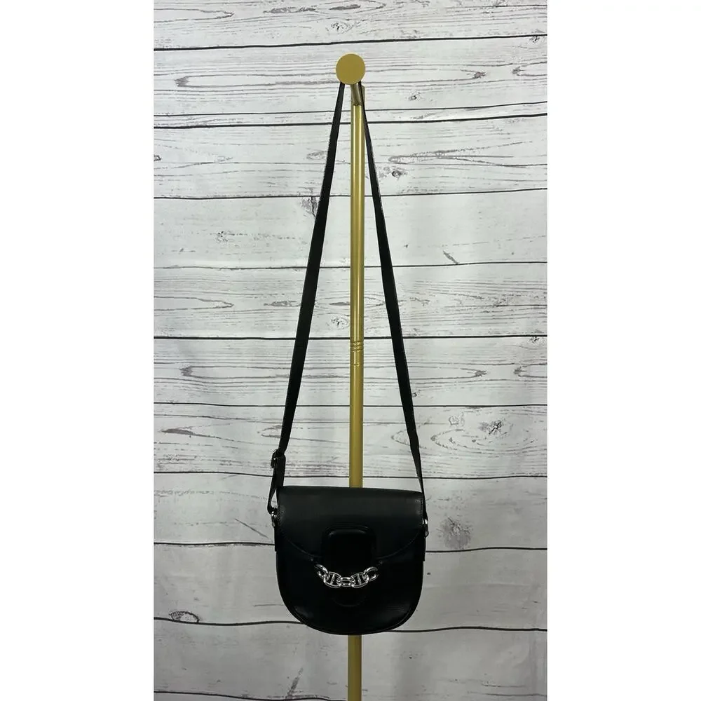 Renouard Made in France Black Leather Crossbody Bag Silver Chain Hardware